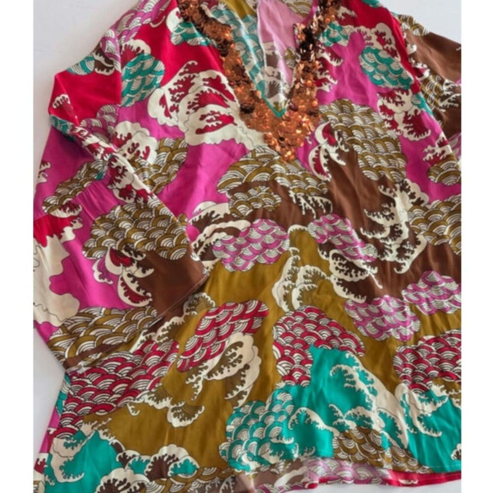 ANNA SCHOLZ Luxury Silk Stretch Wave Print Bell Sleeve Sequin V-Neck Top Sz 16